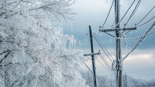 A power pole and tree branches are covered in ice after a winter storm.