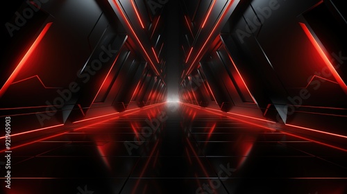 Abstract futuristic tunnel with red neon lights.