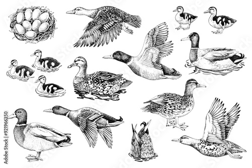 Hand drawn set of wild ducks