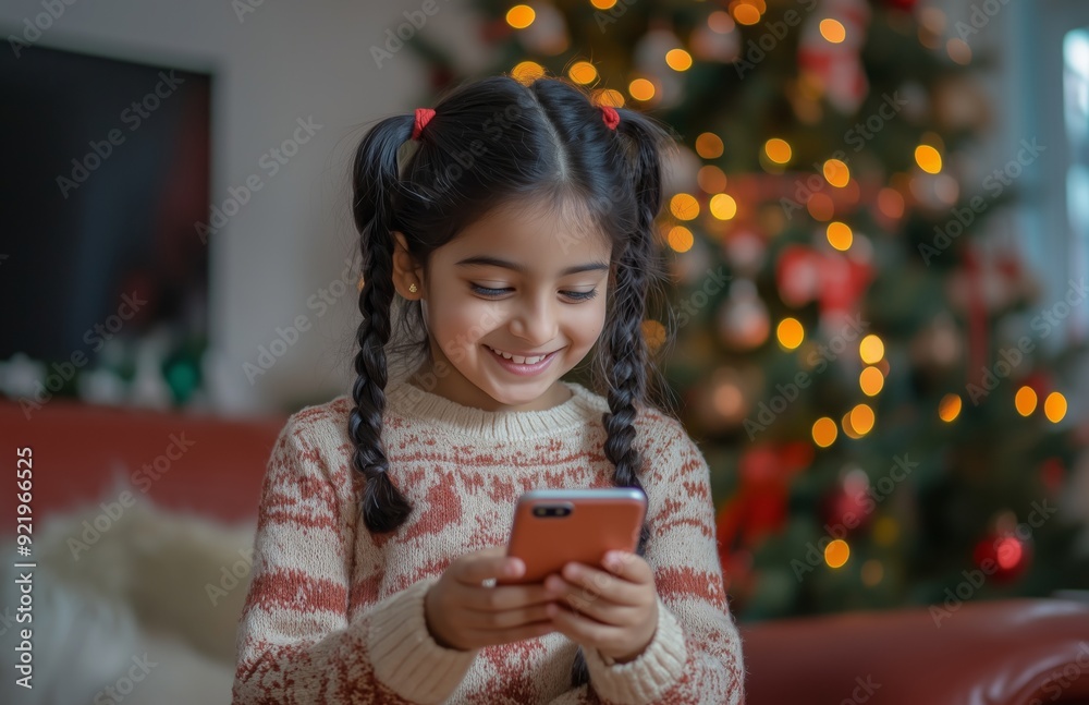 Happy young Indian girl with pigtail braids looking at her phone, a Christmas tree in the background Happy young Indian girl with pigtail braids looking at her phone, a Christmas tree in the background