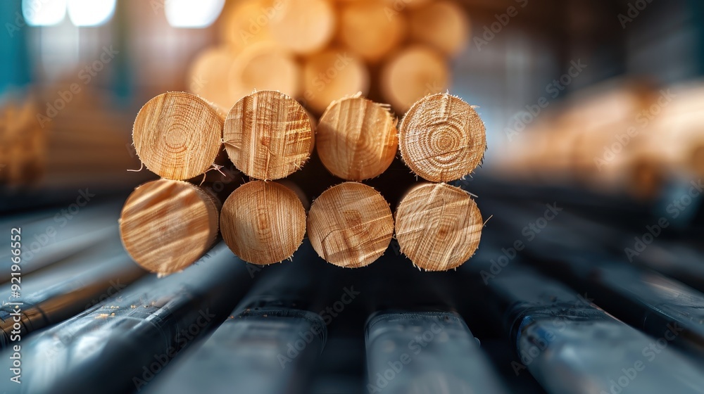 Focused image presents round timber logs meticulously stacked on a conveyor belt inside a workshop, illustrating the organized and systematic approach to lumber processing in the industry.