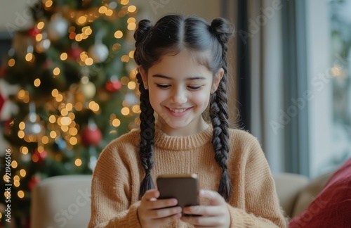 Happy young Indian girl with pigtail braids looking at her phone, a Christmas tree in the background