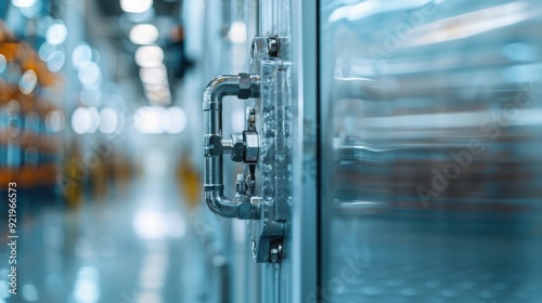 Detailed image focusing on the robust locking mechanism of a metal door in a cold storage facility, highlighting the secure and well-engineered design vital for preserving conditions inside. photo