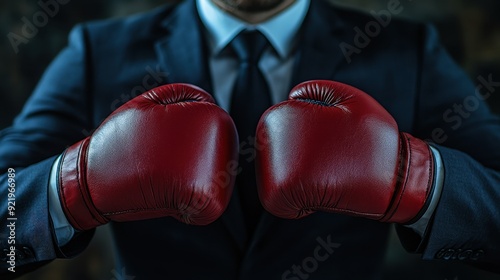 Businessman in Suit Wearing Red Boxing Gloves Ready for Challenge and Competition