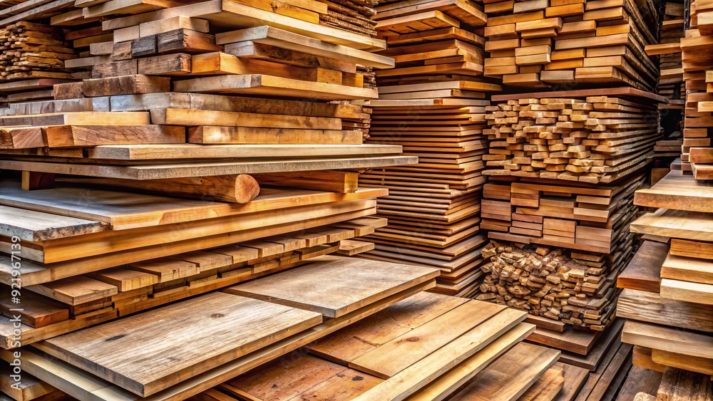 Stacked wooden planks and lumber of various sizes and textures, organized in a tidy pile, showcasing natural wood grain and rustic charm. Stacked wooden planks and lumber of various sizes and textures, organized in a tidy pile, showcasing natural wood grain and rustic charm.