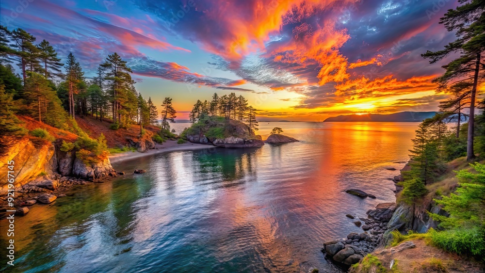 Scenic view of Wildcat Cove in Washington State during a vibrant sunset , Washington, Wildcat Cove, Pacific Northwest, coast Scenic view of Wildcat Cove in Washington State during a vibrant sunset , Washington, Wildcat Cove, Pacific Northwest, coast