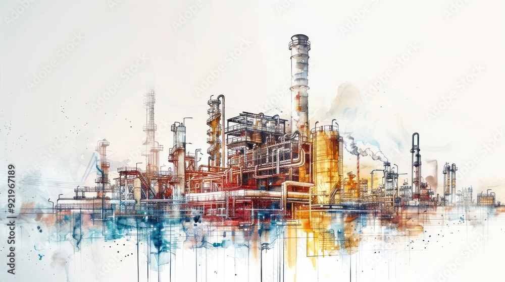 A watercolor drawing paint of an industrial area, refinery power station, petrochemical industrial, food processing plant, on a white background, with stock images. A watercolor drawing paint of an industrial area, refinery power station, petrochemical industrial, food processing plant, on a white background, with stock images.