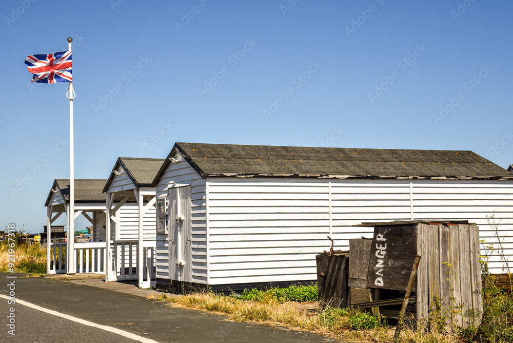 White Wooden Beach Huts with British Flag in England