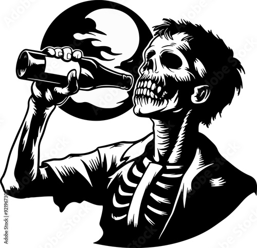 Minimalist silhouette zombie drinking beer, Halloween concept t-shirt design