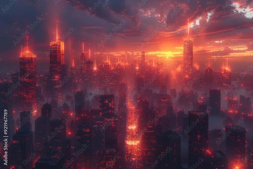 Obraz premium A futuristic cityscape illuminated by abstract light patterns in dark turquoise and dark red, highlighting towering skyscrapers and the interconnectedness of humanity