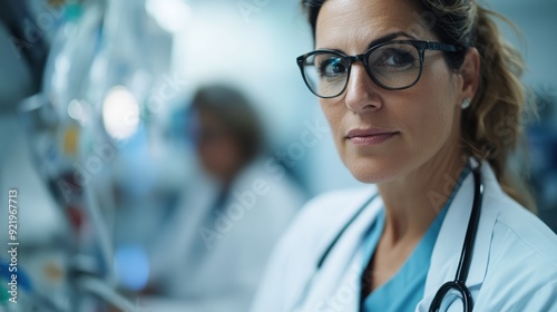 A confident doctor wearing glasses stands in a busy hospital environment, symbolizing care, expertise, and the dedication of healthcare professionals.