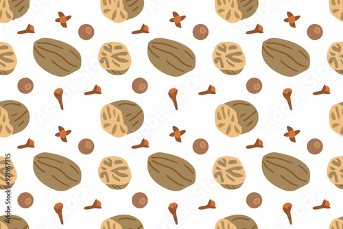 Christmas winter spice. Decorative vector seamless pattern with spices to cook mulled wine cardamom and nutmeg on white background. Flat doodle pattern for paper and textile design .