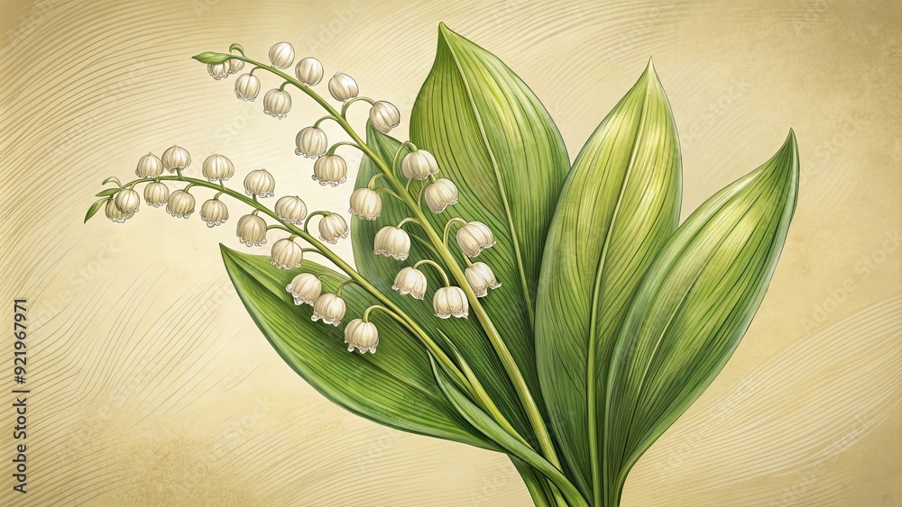 Obraz premium Engraved vintage of Lily of the valley flower, botanical, detailed, delicate, hand-drawn, retro, engraving, vintage