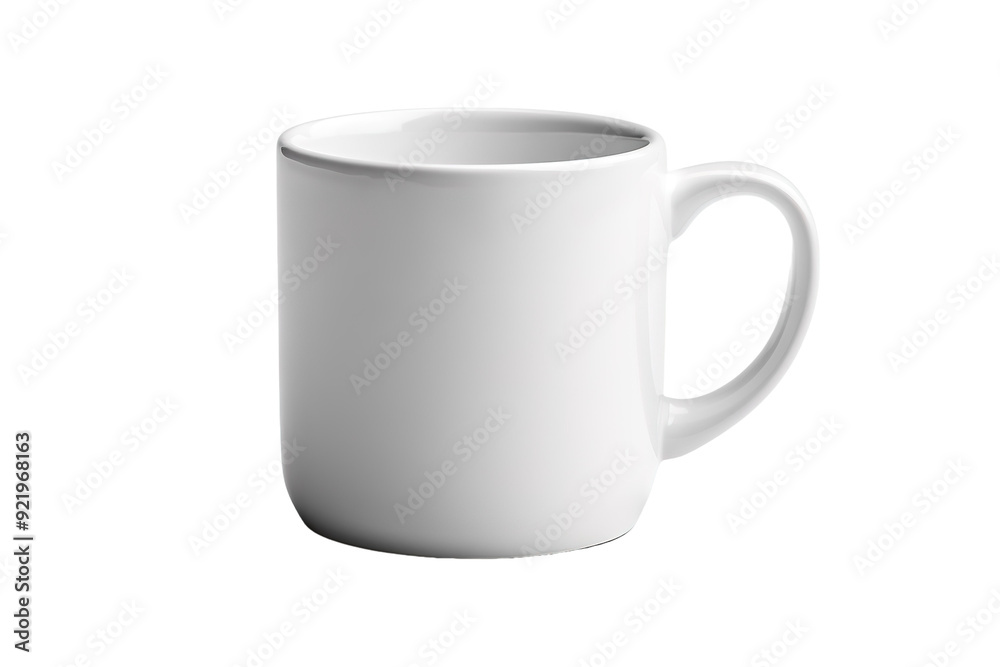 A Simple White Ceramic Mug Resting on a Smooth Surface in Dim Lighting on White or PNG Transparent Background. A Simple White Ceramic Mug Resting on a Smooth Surface in Dim Lighting on White or PNG Transparent Background.