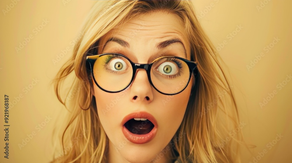 A woman with blonde hair and glasses is looking surprised. Concept of surprise and curiosity, as the woman's wide-open eyes and the glasses she is wearing emphasize her astonishment A woman with blonde hair and glasses is looking surprised. Concept of surprise and curiosity, as the woman's wide-open eyes and the glasses she is wearing emphasize her astonishment