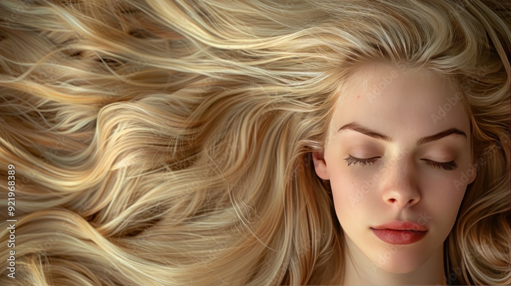 A woman with long blonde hair is shown with her eyes closed. Concept of relaxation and tranquility, as the woman is in a peaceful state of mind. The long, flowing hair adds to the overall beauty A woman with long blonde hair is shown with her eyes closed. Concept of relaxation and tranquility, as the woman is in a peaceful state of mind. The long, flowing hair adds to the overall beauty