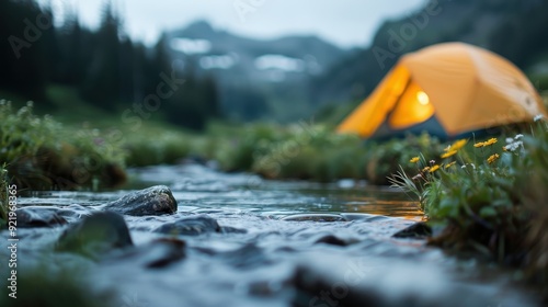 A picturesque campsite with an orange tent pitched beside a clear, flowing stream set against a backdrop of majestic mountains under a cloudy dusk sky, evoking tranquility. photo