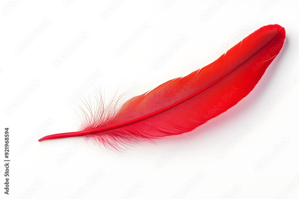 Elegant Red Feather with a Vibrant Hue on White Background, Perfect for Writing or Decorative Purposes, Single Exotic Plume Elegant Red Feather with a Vibrant Hue on White Background, Perfect for Writing or Decorative Purposes, Single Exotic Plume
