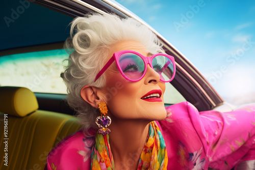 A chic, silver-haired grandma exudes confidence as she poses for a glamorous portrait in her luxurious car. Dressed in colorful clothes, she embodies the spirit of a stylish, retired European woman 