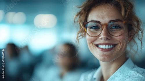 A confident woman, wearing glasses, smiles brightly in a modern office environment, embodying professionalism, assurance, and a welcoming demeanor.