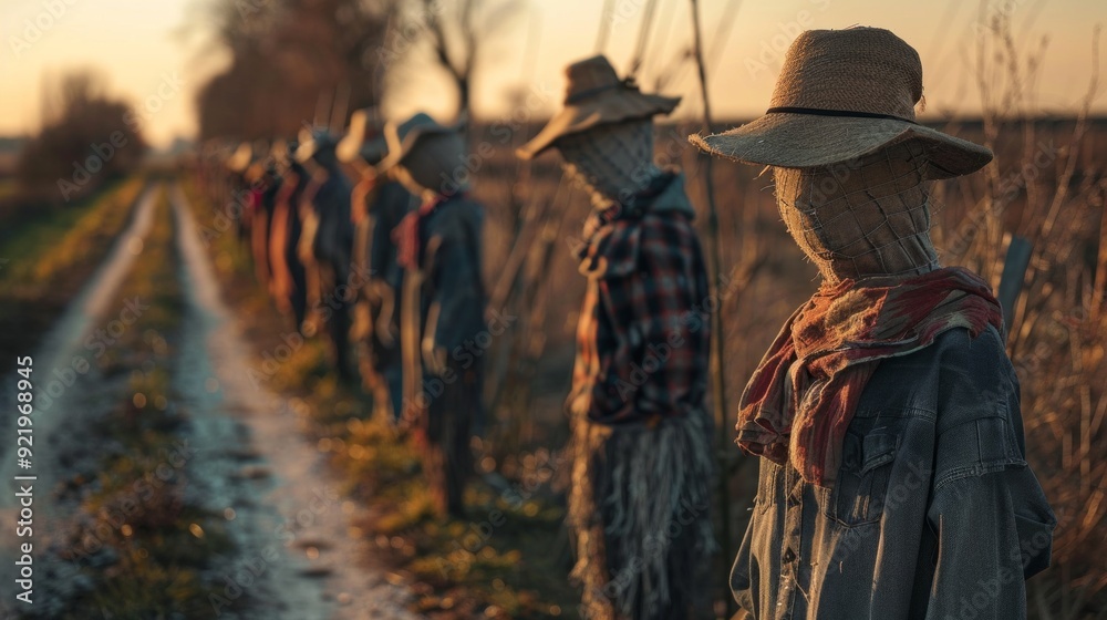 Row of scarecrows in a field at sunset, eerie autumn setting