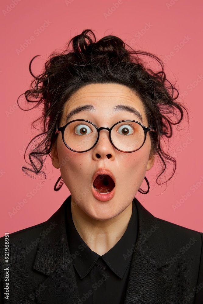 Close-Up Portrait Of An Asian Businesswoman In Glasses, Looking Surprised At The Camera With An Amazed Reaction
