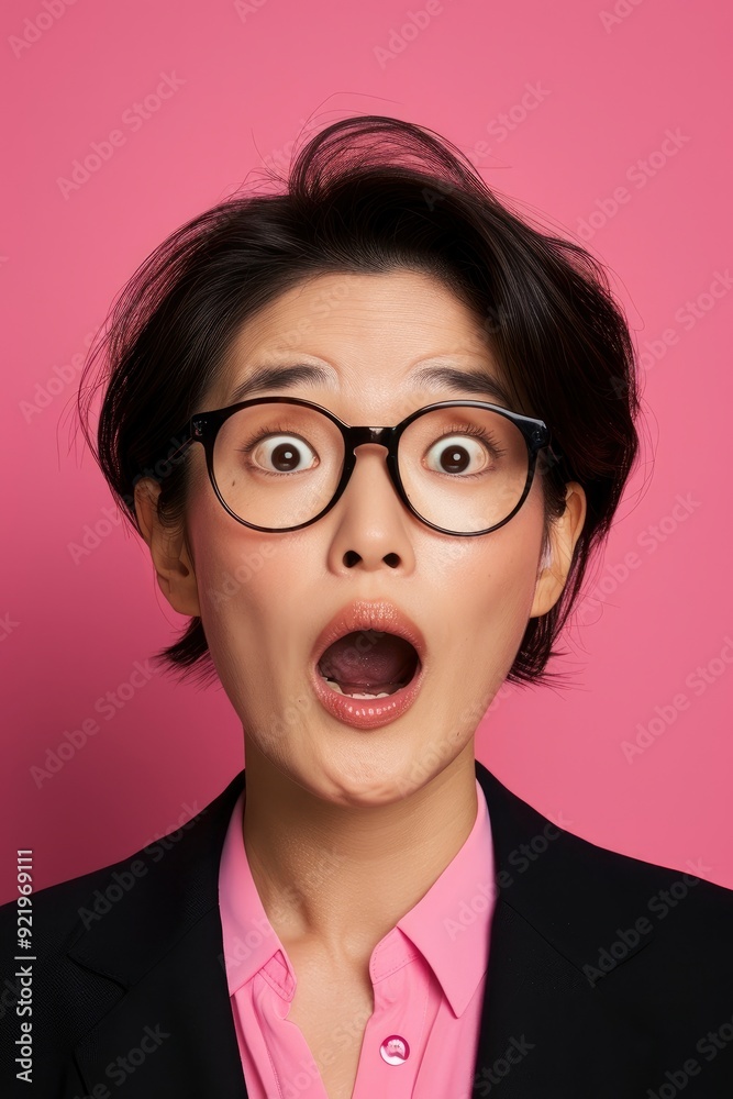 Close-Up Portrait Of An Asian Businesswoman In Glasses, Looking Surprised At The Camera, With An Amazed Reaction Close-Up Portrait Of An Asian Businesswoman In Glasses, Looking Surprised At The Camera, With An Amazed Reaction
