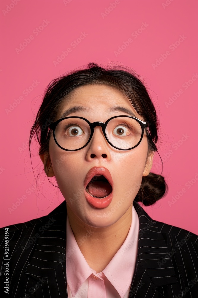 Close-Up Portrait Of An Asian Businesswoman In Glasses, Looking Surprised At The Camera, With An Amazed Reaction Close-Up Portrait Of An Asian Businesswoman In Glasses, Looking Surprised At The Camera, With An Amazed Reaction