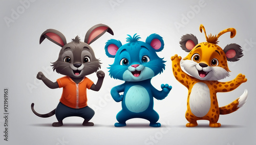 Cute animal cartoon characters happily dancing on a white background. AI generated