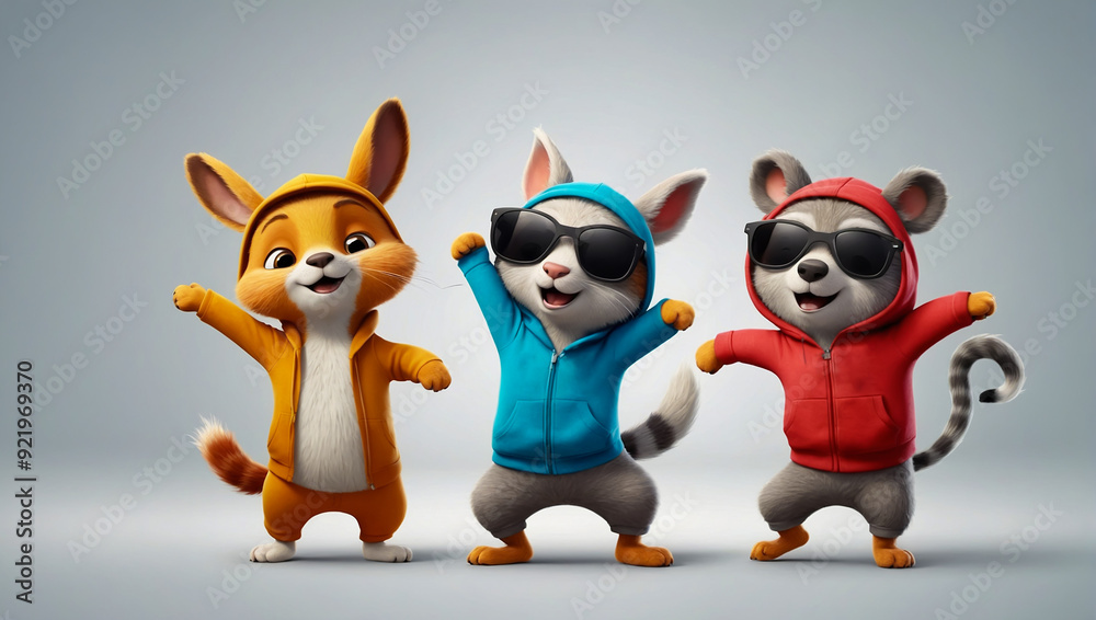 Fototapeta premium Cute animal cartoon characters happily dancing on a white background. AI generated