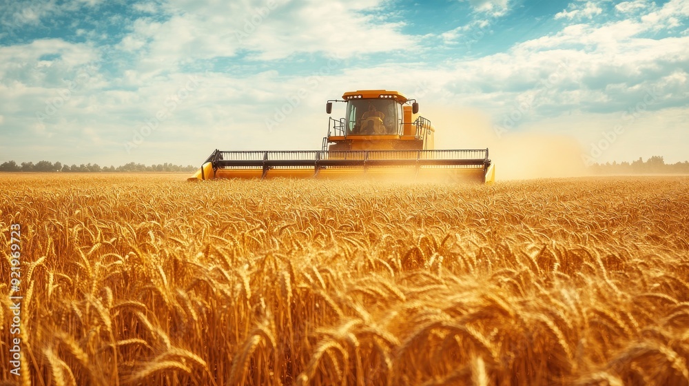 Fototapeta premium Modern Combine Harvester Working in a Golden Wheat Field Under a Blue Sky with Clouds