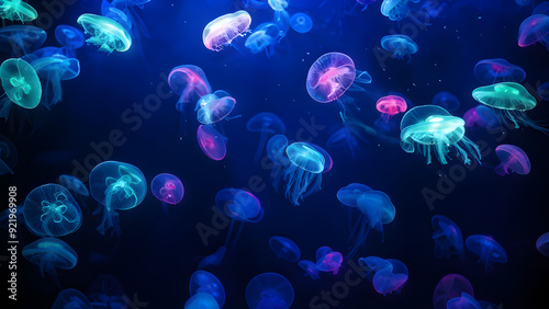A hypnotic swarm of bioluminescent jellyfish floating in the deep sea, their bodies shining in different hues