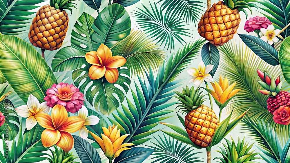 Tropical pattern with palm leaves, pineapples, and exotic flowers, tropical, palm leaves, pineapples Tropical pattern with palm leaves, pineapples, and exotic flowers, tropical, palm leaves, pineapples