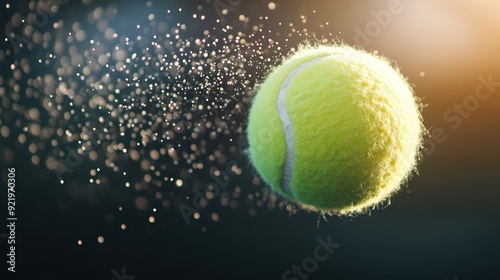 A floating tennis ball amidst vibrant light particles, capturing the flight path and motion with a backdrop of colorful abstract elements adding a surreal feel.