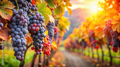 Ripe grapevines with clusters of grapes ready for harvest in the vineyard during autumn, harvest, wine, vineyard