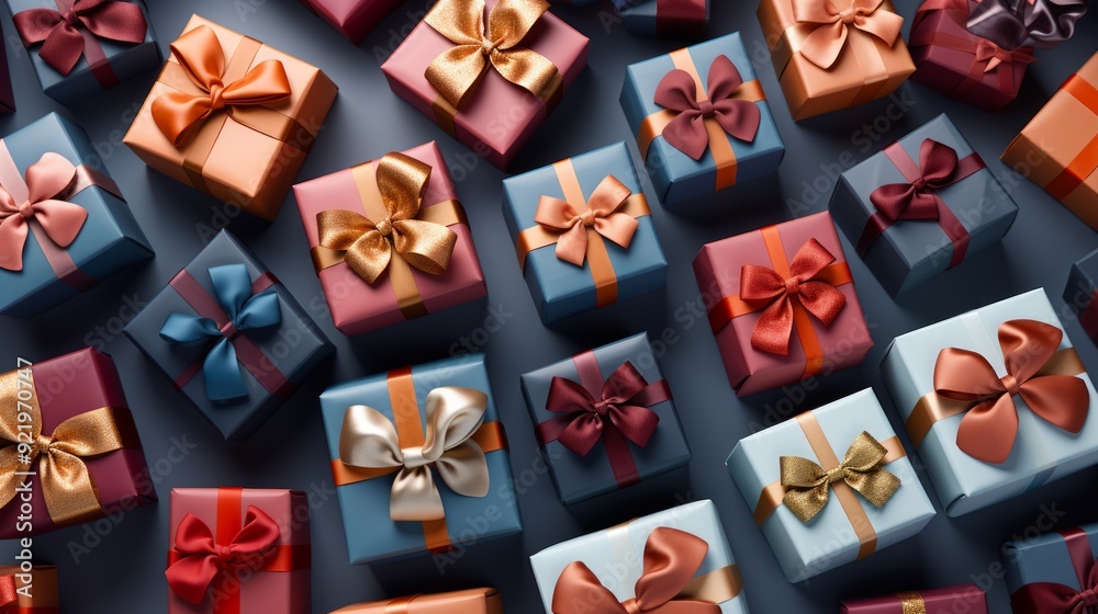 Many Christmas gift boxes of different color and size in dark place. Neural network ai generated art Many Christmas gift boxes of different color and size in dark place. Neural network ai generated art