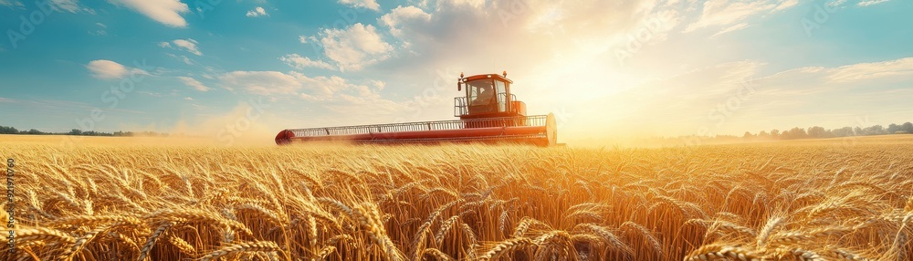 Obraz premium Golden Wheat Field with Combine Harvester at Sunset - Agricultural Machinery in Action