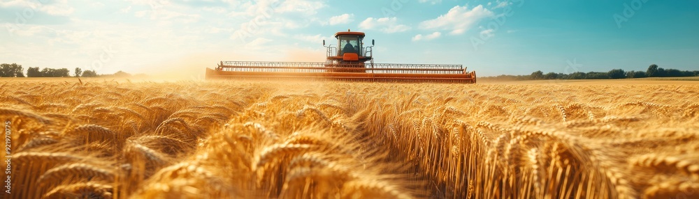 Fototapeta premium Golden Wheat Field with Combine Harvester Under a Clear Blue Sky During Harvest Season