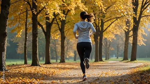 Back shot of woman running in autumn park