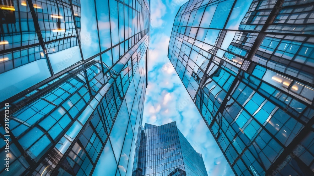 Obraz premium Glass skyscrapers tower into a bright blue sky reflecting clouds in a modern downtown business district.