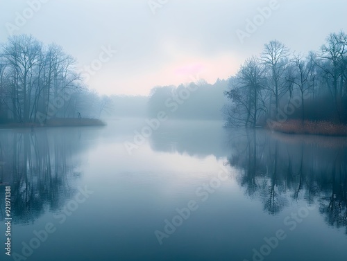 Misty morning over a tranquil lake surrounded by bare trees