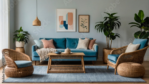 Default Chic boho living room with a velvet blue sofa. AI generated
