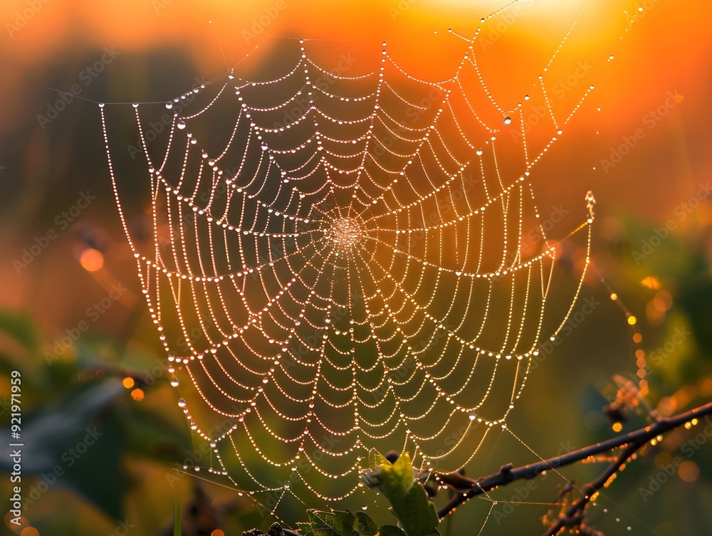 Naklejka premium Morning dew glistens on a spider web at sunrise in a natural landscape