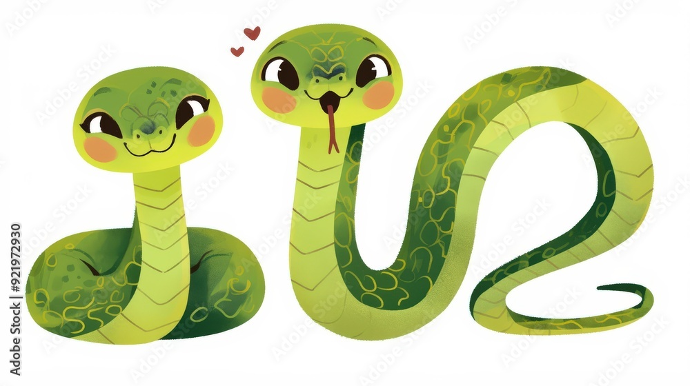 Fototapeta premium A cute illustration of two friendly green snakes with expressive faces.