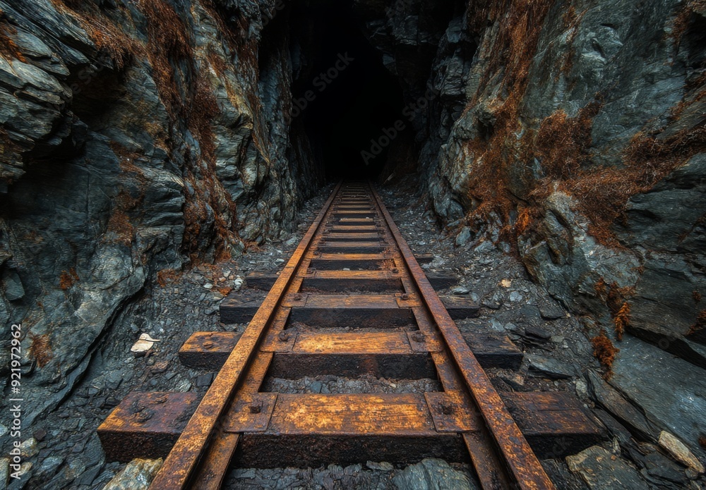 An abandoned mineshaft entrance with rusted tracks leading into the darkness An abandoned mineshaft entrance with rusted tracks leading into the darkness