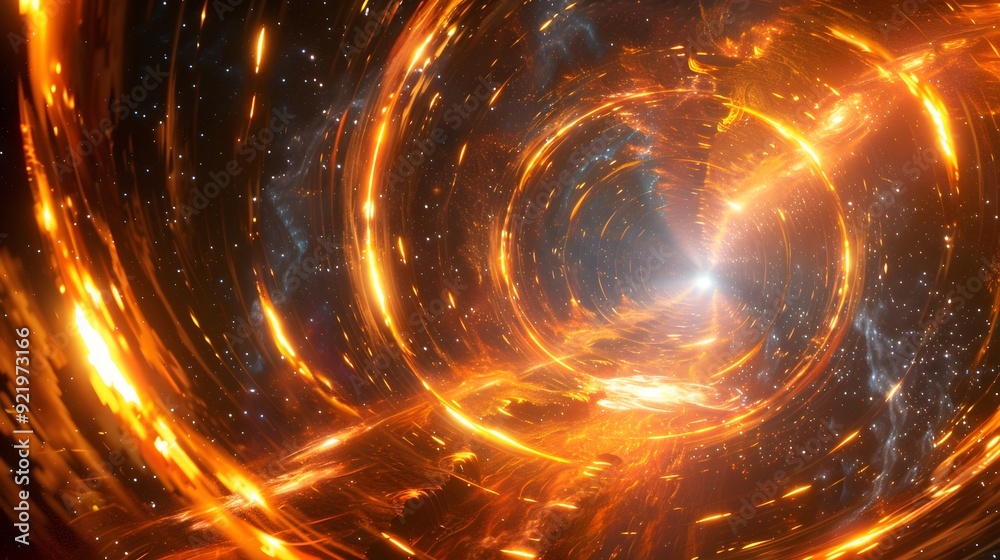 Stunning abstract illustration of a space wormhole Glowing fractal vortex swirls in cosmic blue and purple hues, creating an energetic, fantasy-like wallpaper pattern
