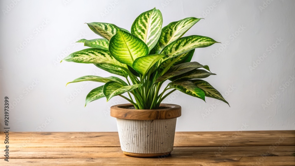 Obraz premium Vibrant green dumb cane plant with variegated leaves and stems growing in a decorative plant pot on a wooden table against a white background.