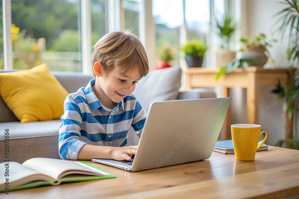Smiling child intently explores digital world, tiny hands navigating laptop keyboard Smiling child intently explores digital world, tiny hands navigating laptop keyboard