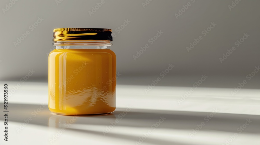 Blank label honey jar, peanut butter mockup with a shadow isolated on light gray background with empty space for logo and text. Blank label honey jar, peanut butter mockup with a shadow isolated on light gray background with empty space for logo and text.