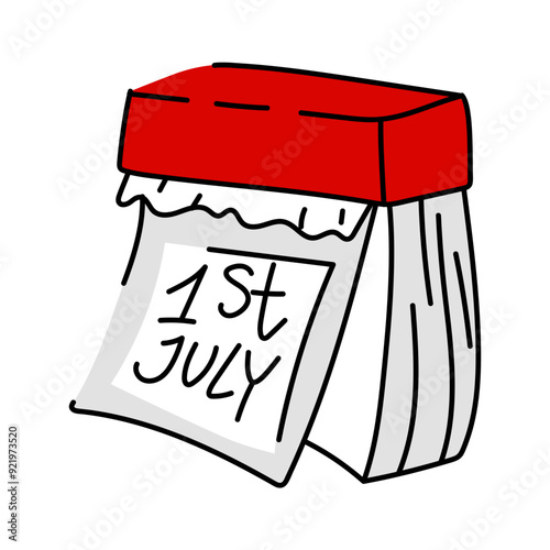 A flat vector illustration of a calendar with loose leaves. The date on the calendar is July 1, Canada Day. The image is made in bright colors red, white and sulfur outline. A holiday item